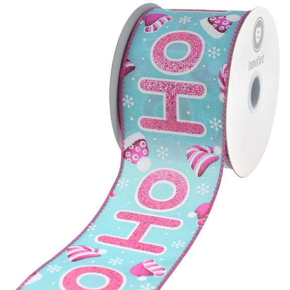 HOMEFORD Christmas Glittered Ho Ho Ho Satin Wired Ribbon, 2-1/2-inch, 10-yard, Teal