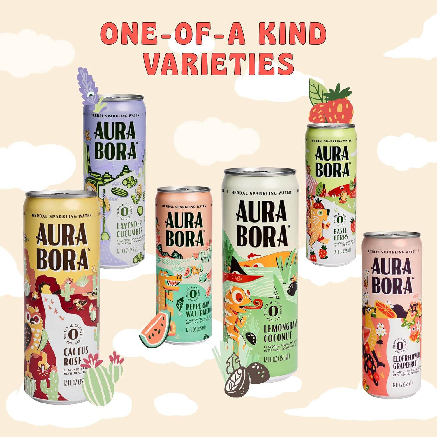 Lavender Cucumber Herbal Sparkling Water by Aura Bora, 0 Calories, 0 Sugar, 0 Sodium, Non-GMO, 12 oz Can (Pack of 12)