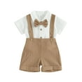thumbnail image 2 of Elippeo Toddler Boy Gentleman Outfit 3 6 12 18 24 Months Solid Color Short Sleeves Romper with Bow Tie and Overalls Shorts Set for Formal Wear, 2 of 10