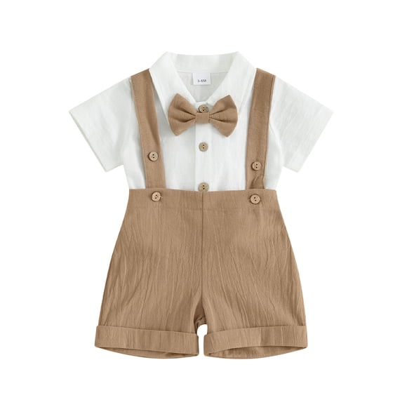 Conjunto de caballero para niño pequeño: mono de manga corta de color liso con pajarita y peto con pantalones cortos para ocasiones formales.