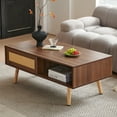 thumbnail image 4 of Coffee Tables PE Rattan Coffee table, Sliding Door for Storage, Solid Wood Legs, Modern Table for Living Room , Walnut Color,Wooden Coffee Tables, 4 of 19