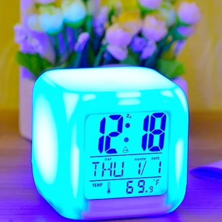 unbranded7 Colors LED Changing Digital Alarm Clock Desk Thermometer Night Glowing Cube LCD Snooze Clock Home Decor