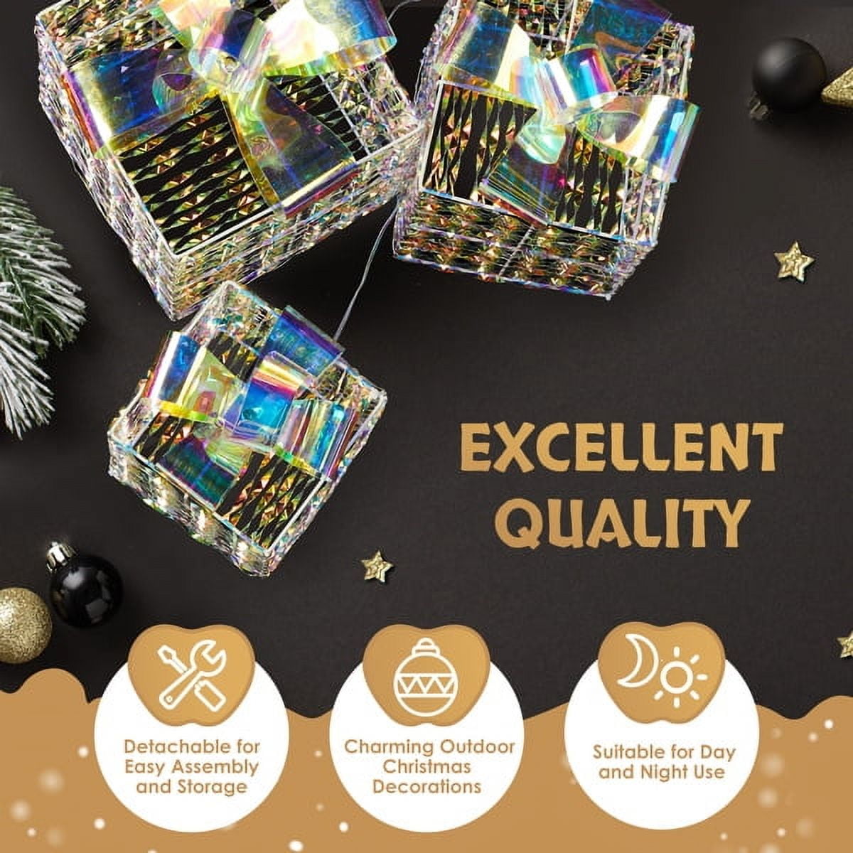3-Piece Lighted Iridescent Gift Box Set - 140 Warm White LEDs, Weather-Resistant Metal Frame, Indoor/Outdoor Christmas Decor for Yard/Porch/Tree