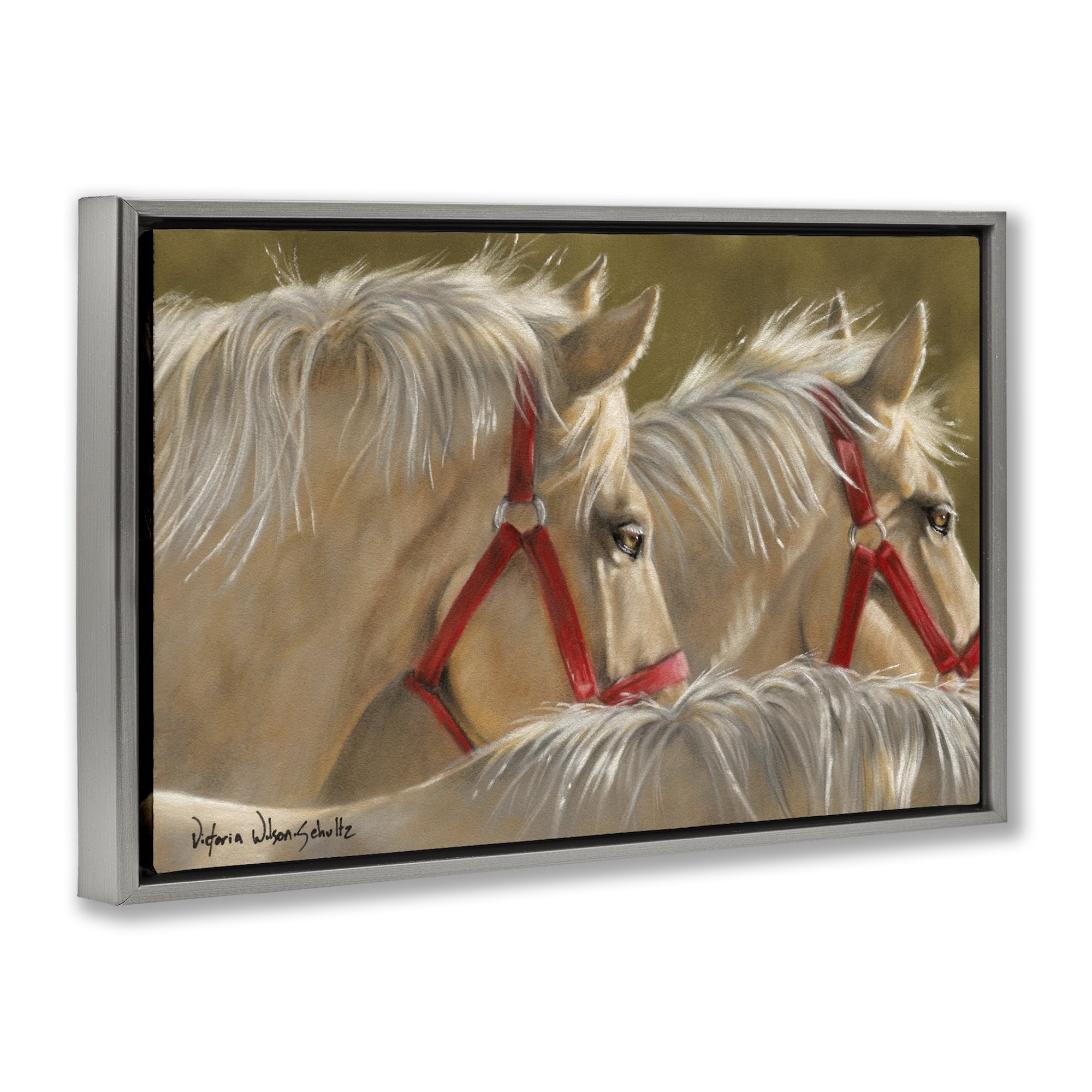 Stupell Industries Horses with Red Bridles Animals & Insects Painting Gray Floater Framed Canvas Art Print Wall Art, 31 x 21