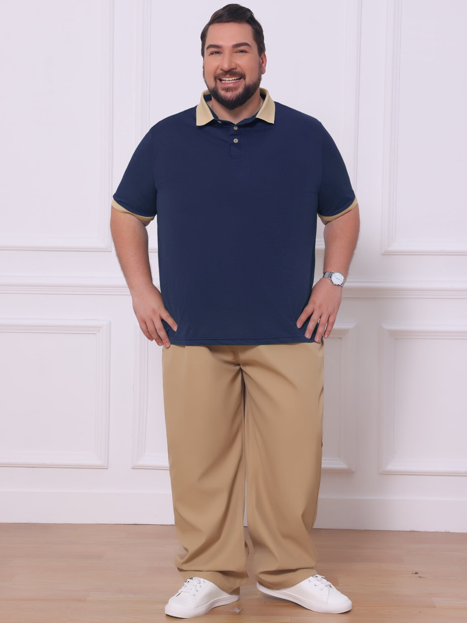 DARING DIVA Men's Contrast Collar Short Sleeves Breathable Polo Shirts 5XL Dark Blue
