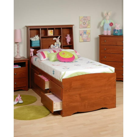 Tall Captain's Platform Storage Bed w\/ Bookcase Headboard-Bed Size: Twin, Color: Cherry