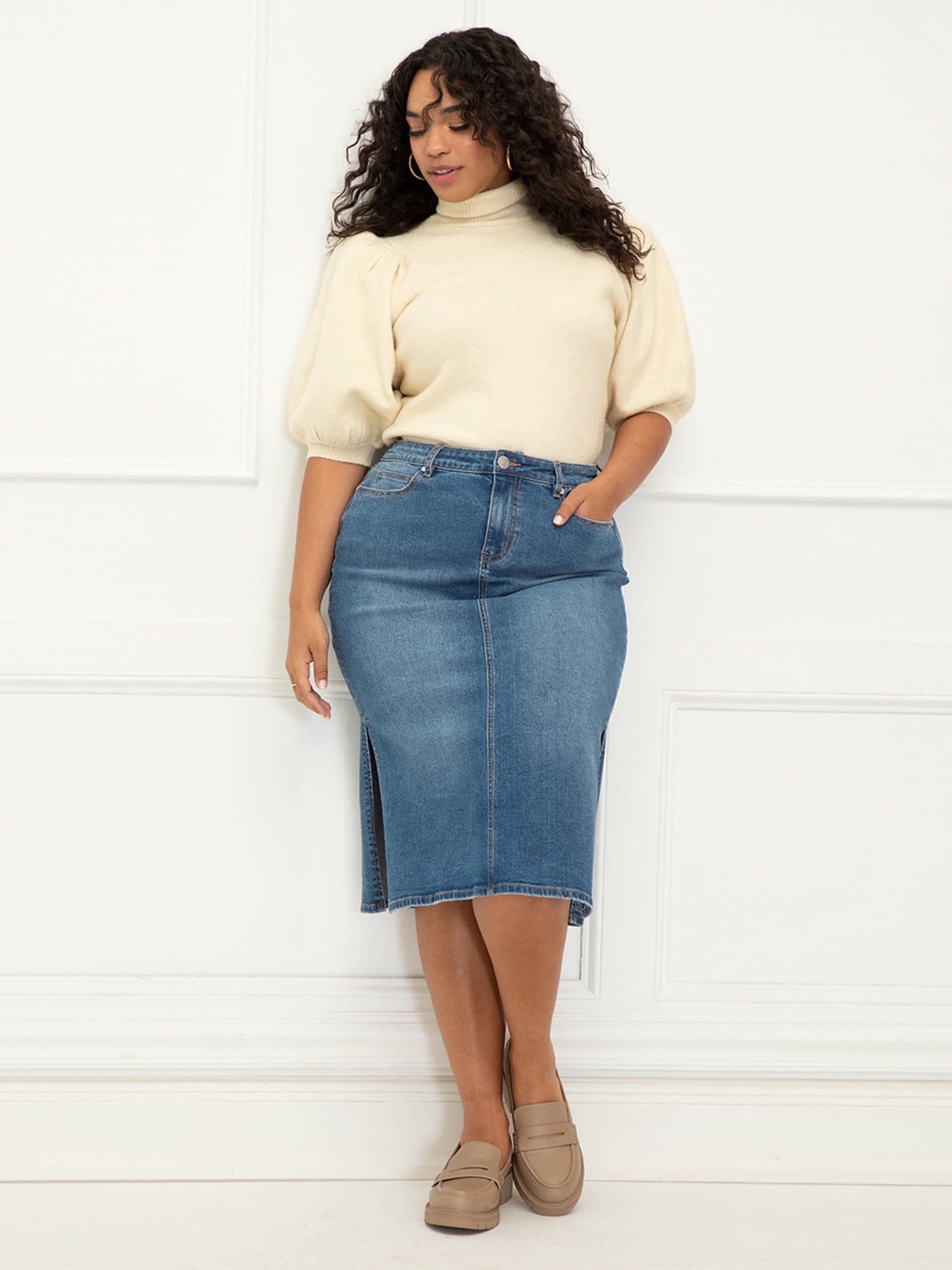 ELOQUII Elements Women's Plus Size Denim Midi Side Slit Skirt