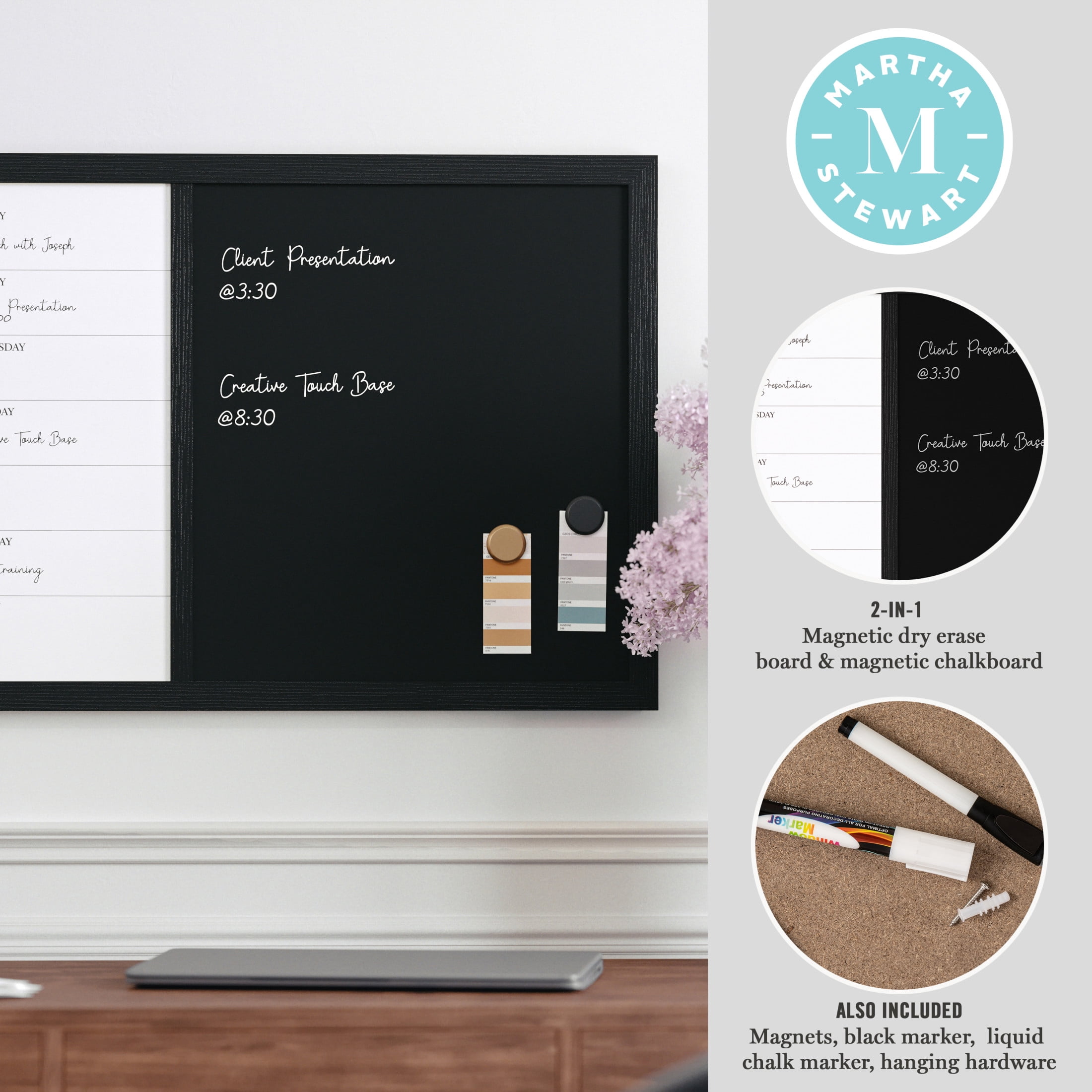 Martha Stewart Everette 24"x18" Magnetic Weekly Calendar Dry Erase Board and Chalk Board with Liquid Chalk Marker and Magnets, Black Woodgrain Frame