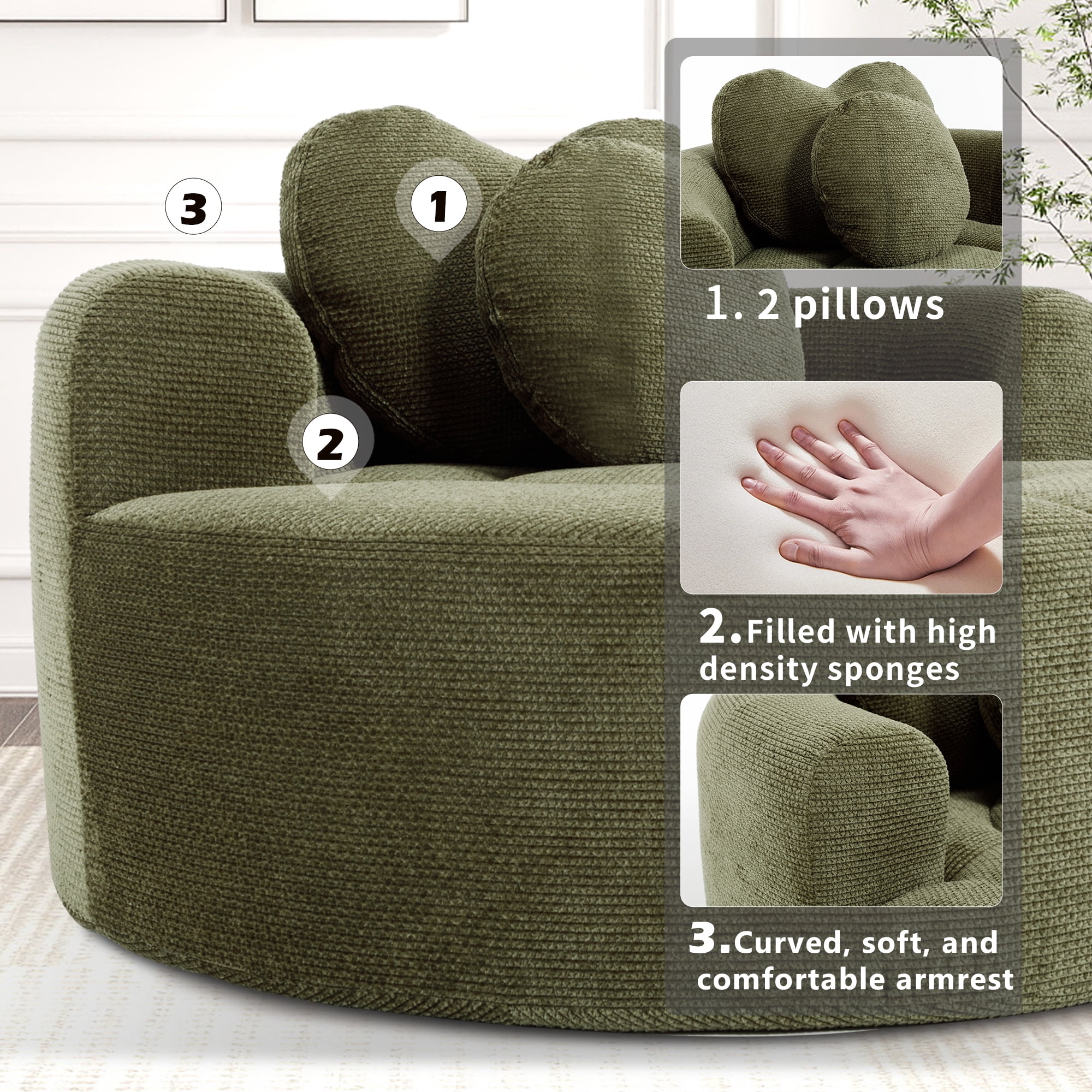 Leumius Oversized Round Chair Lounge Chaise Indoor,Upholstered Round Sofa Bed with Memory Foam,Comfy Cloud Circle Chair with Deep Seat for Living Room Bedroom,No Assembly Required,Green