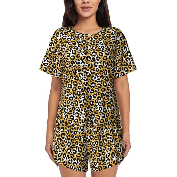 Fotbe Leopard Conjunto de Pijama Estampado para Mujer, 2 Piezas, Ropa de Dormir con Camiseta de Manga Corta y Shorts Suaves-4X-Large