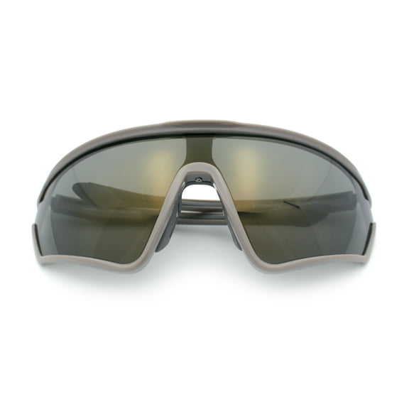 Mens Classic Oversized Shield Color Mirror Wrap Around Sport Plastic Sunglasses Grey - Gold Mirror