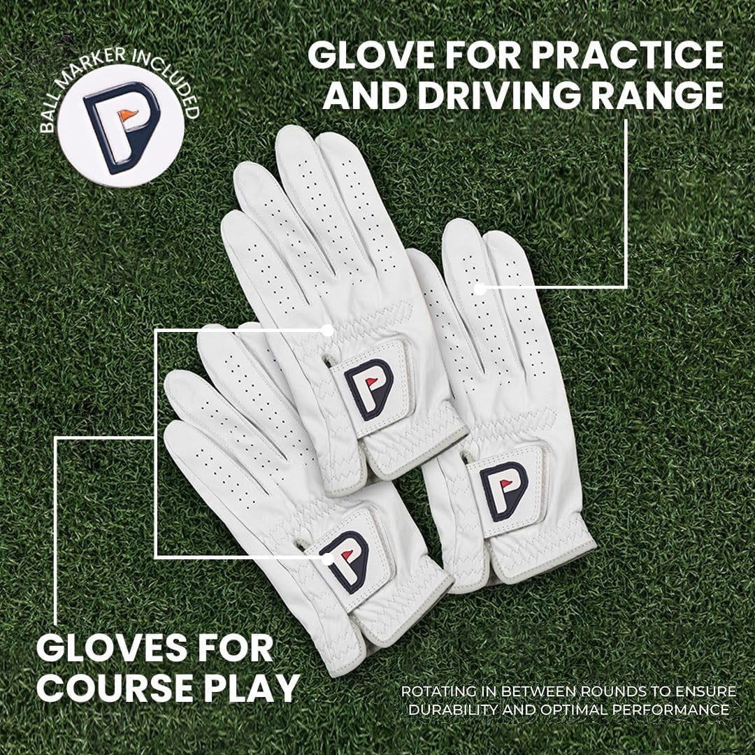 PUR3 Men's Cabretta Leather Golf Gloves with Putting Aim Ball Marker, Multi-Pack