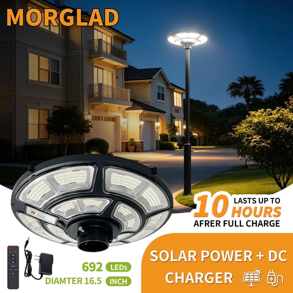 MORGLAD 16.5" Solar Lamp Post Light, 692 LEDs IP65 Outdoor Street Light, Fit for 2 3/8 to 3" Pole, Solar Powered & DC Charging, Pole Not Included
