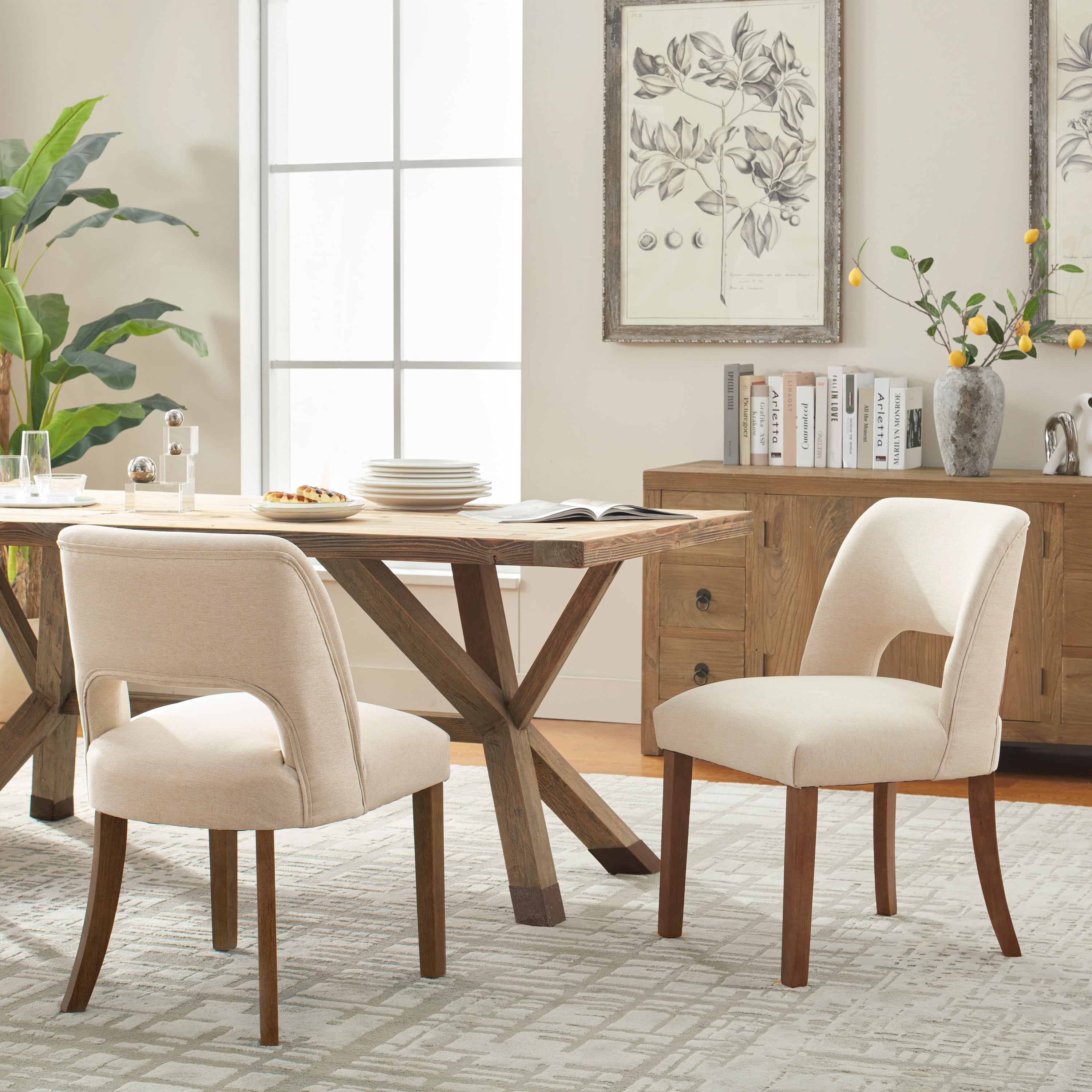Vknow Furniture Modern Chenille Upholstered Dining Chairs Set of 2 with Cutout Back and Solid Wood Legs for Dining Room, Kitchen and Living Room,Beige