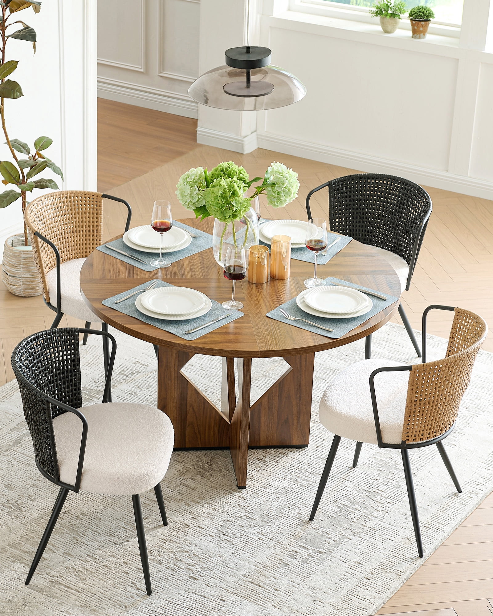 Sailvan Dining Chair Set of 2, Accent Rattan Dining Room Chairs, Modern Kitchen Chairs with Lamb Fleece Cushion, Mid Century Style Living Room Chairs, Easy Assembly, Brown
