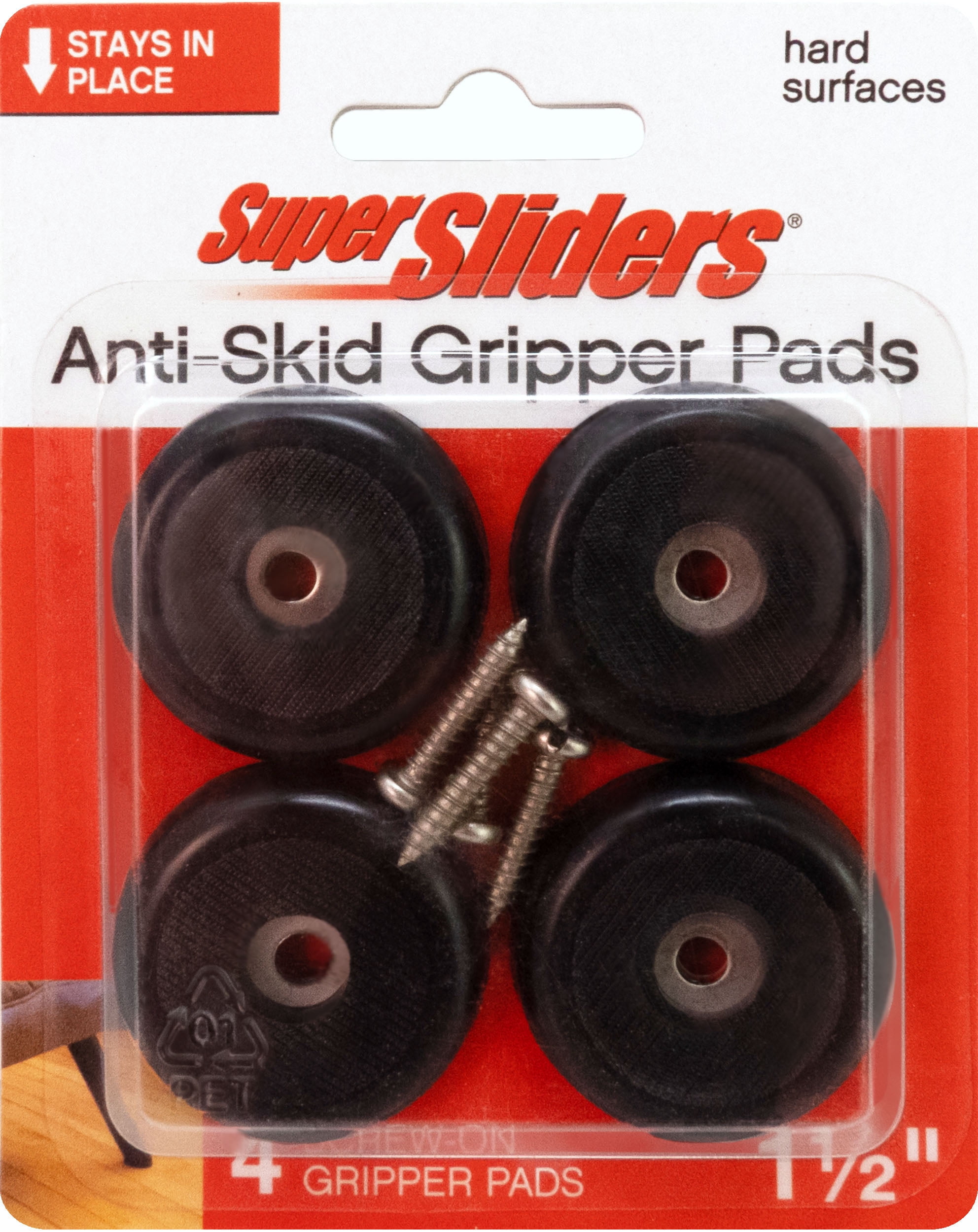Super Sliders 1-1/2 inch Anti-Skid Gripper Pads with Screw-On Mounting, Floor Protectors for Furniture Legs - 4-pack, Black