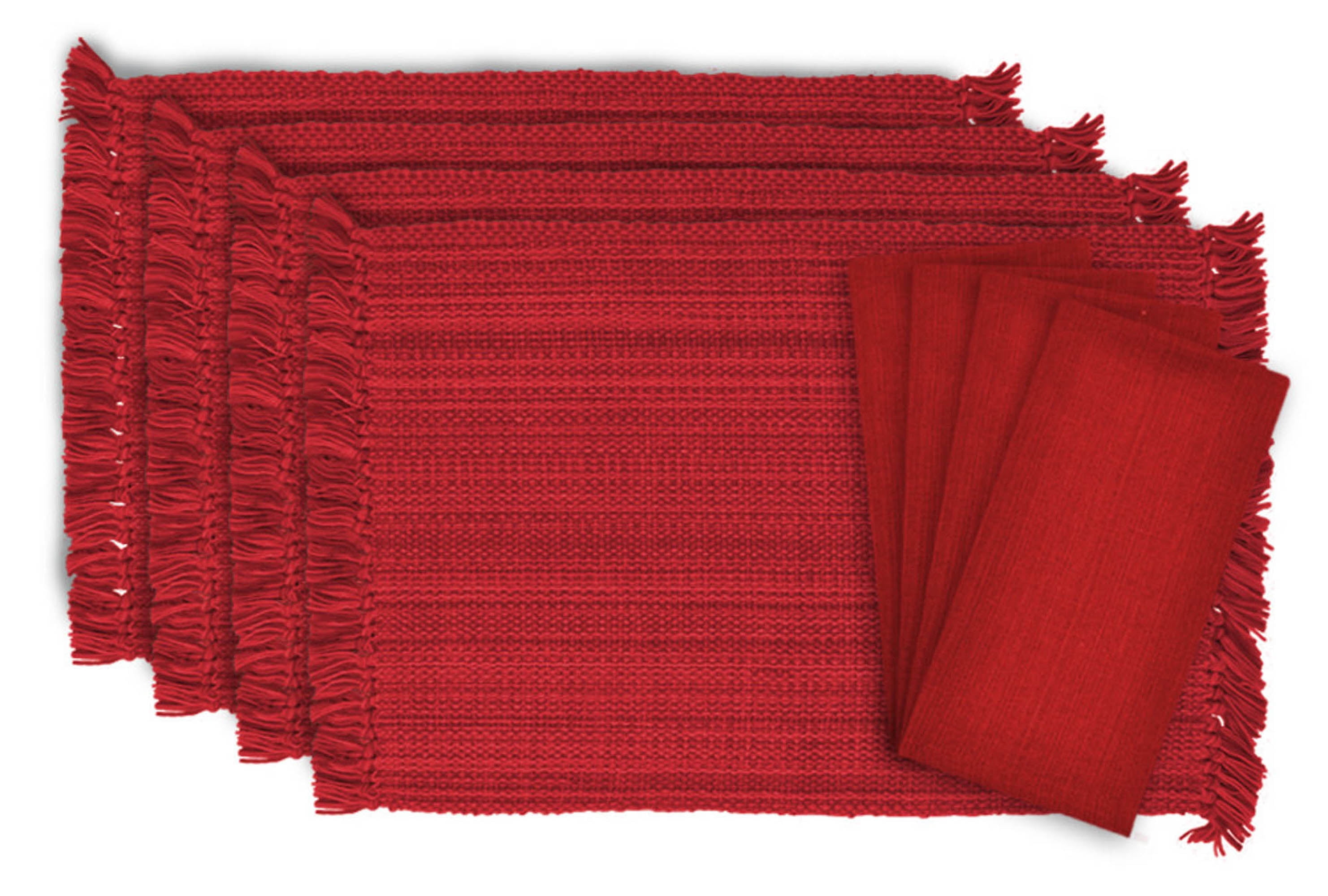 Design Imports Set of 8 Fringe Varigated Placemat & Napkin, Red