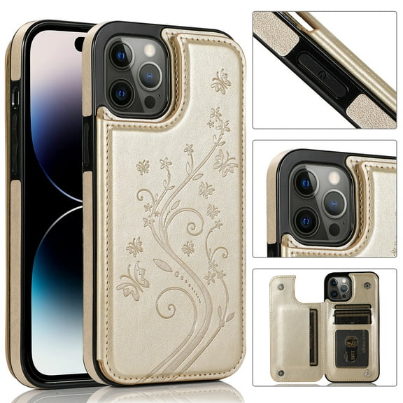 Feishell Back Case for iPhone 16,Embossed Pattern PU Leather Wallet Phone Case with ID Credit Card Slots Shockproof Magnetic Buckle Back Flip Holder Protective Cover,Gold