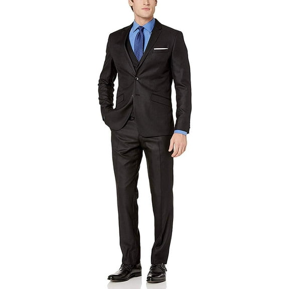 Adam Baker Mens V0177 Slim Fit 3-Piece Suit Set - Black - 36S