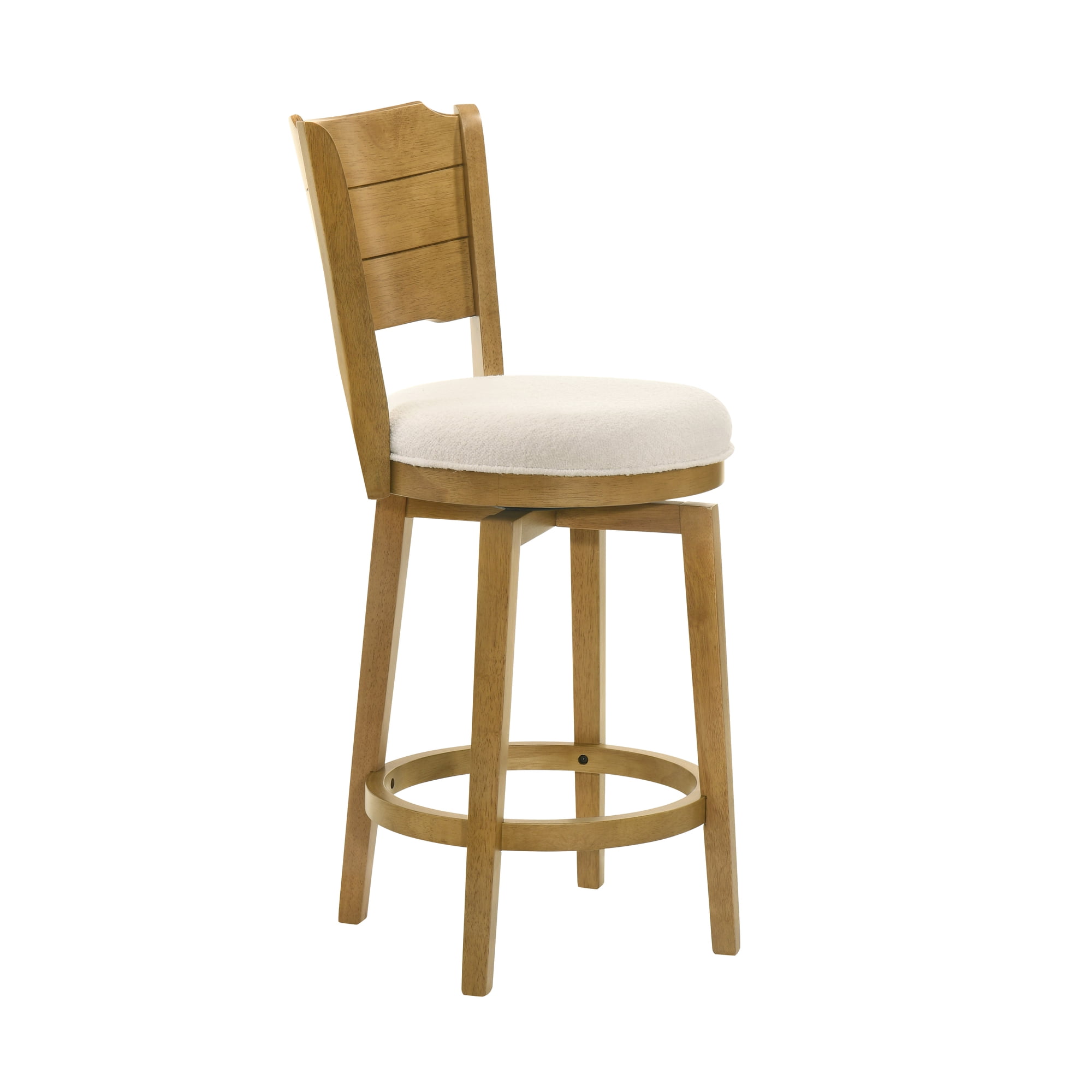Winsley Coastal Modern Swivel Wood Counter Height Kitchen Bar Stool in Amber Glow Finish with White Boucle Fabric Upholstered Seat - Set of 3