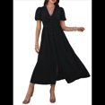 thumbnail image 2 of Vestido Midi Informal de Verano para Mujer, con Mangas Abullonadas, Escote en V, Fruncido, Botones Al Frente, Abertura, Estilo Bohemio, 2025 Negro M, 2 of 10