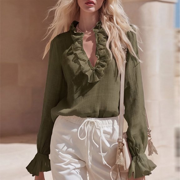 Women's Retro Ruffle Edge V-Neck Long Sleeve Pullover Top Lightweight Solid Color Casual Loose Blouse Fashion Daily Vacation Streetwear Shirt, Army Green Size L