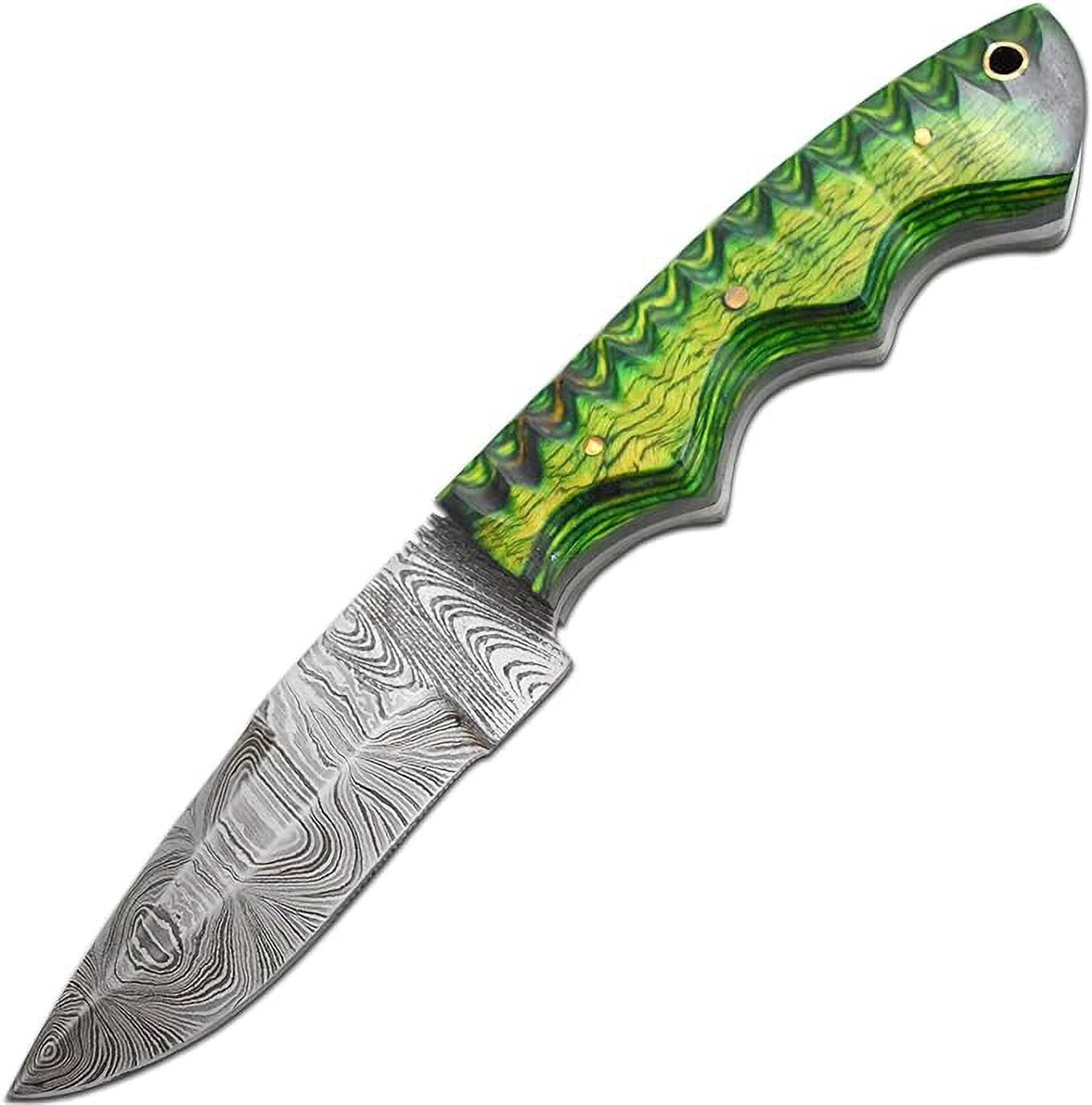 Old Ram Damascus Skinner Knife with Leather Sheath - 9" Twisted Green Wood Hunting Knife