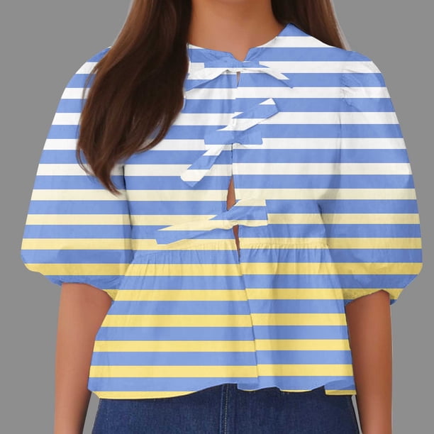 Fiudx Ofertas Del Día Top de Camiseta con Cuello Redondo y Manga Farol Plisada con Lazo para Mujer