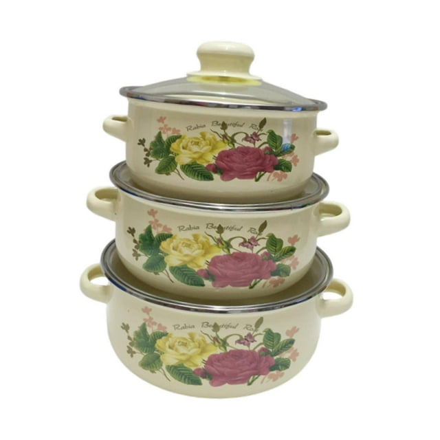 HILABEE 3 Pcs Pot à Ragoût Émaillé Mijoteuse Double Poignée pour Restaurant Sauce Sauce Jaune