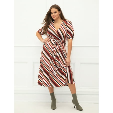 ELOQUII Elements Plus Size Striped Midi Dress with Tie Waist
