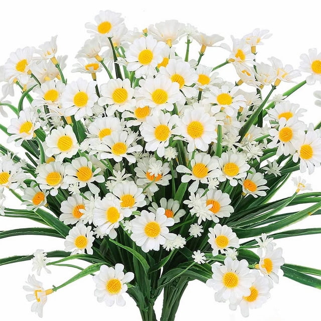 Plantas artificiales de liquidación para interior (4 paquetes) y exterior (margaritas artificiales, arbustos, vegetación de plástico sintético para interior y exterior), plantas colgantes para