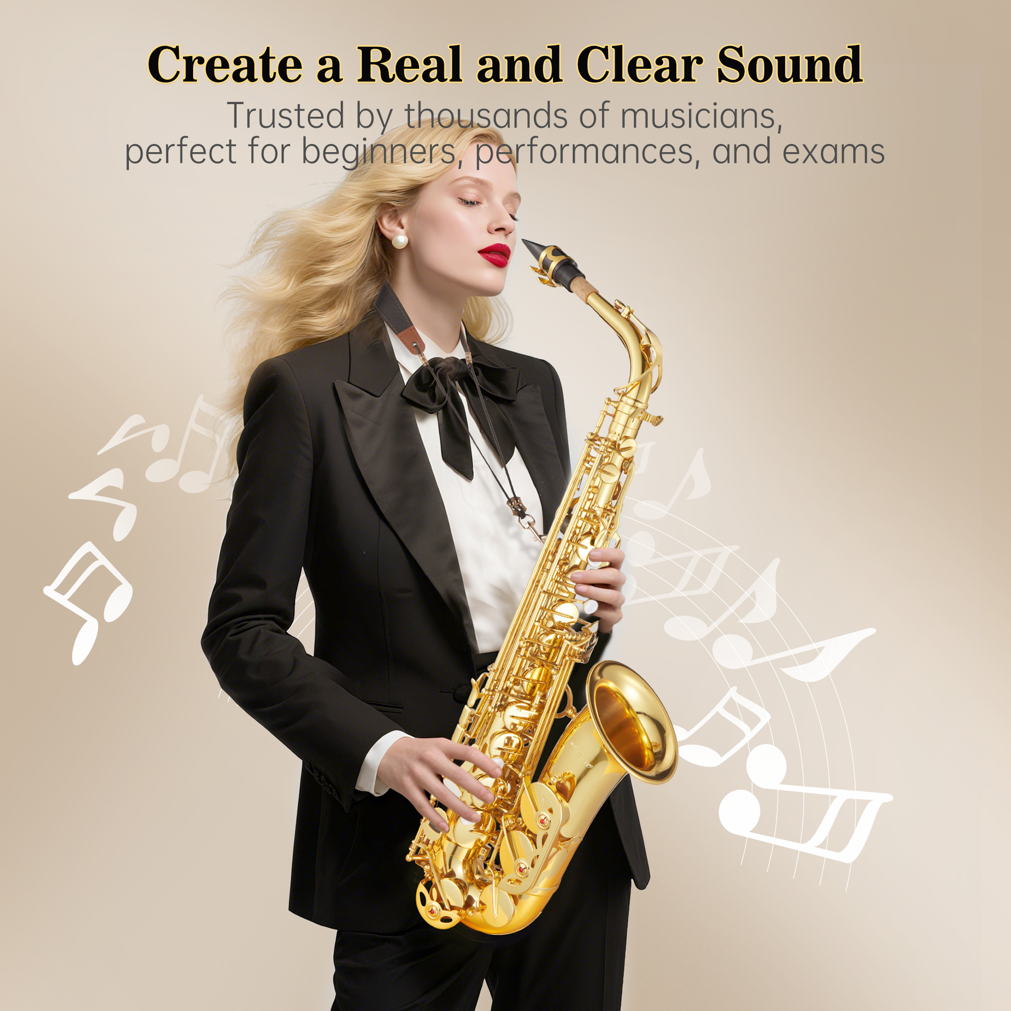 Alto Saxophone E Flat for Beginner Sax Full Kit with Mouthpiece, Straps, Reeds, Stand, Golden Lacquer