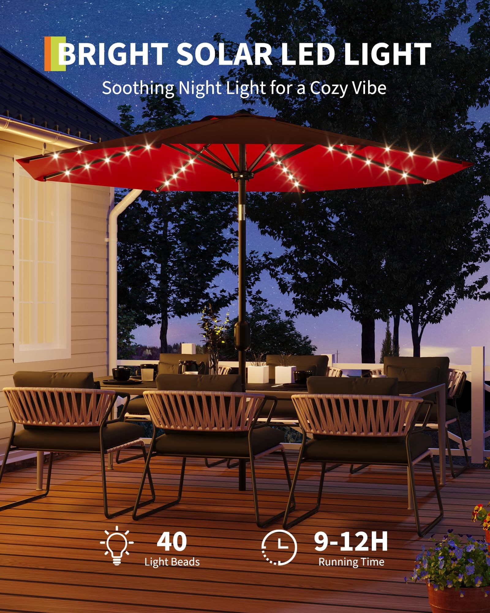9 Ft Patio Umbrella with Solar Lights, Outdoor Table Umbrella with 32 LED Lights & Tilt Crank, 8 Ribs Market Umbrella for Pool, Deck, Backyard