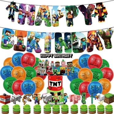 38-Pcs For Minecraft Cartoon-Themed Party Decoration Set – Includes Banner, Cake Topper, 12 Cupcake Toppers, and 24 Balloons for Festive Celebrations
