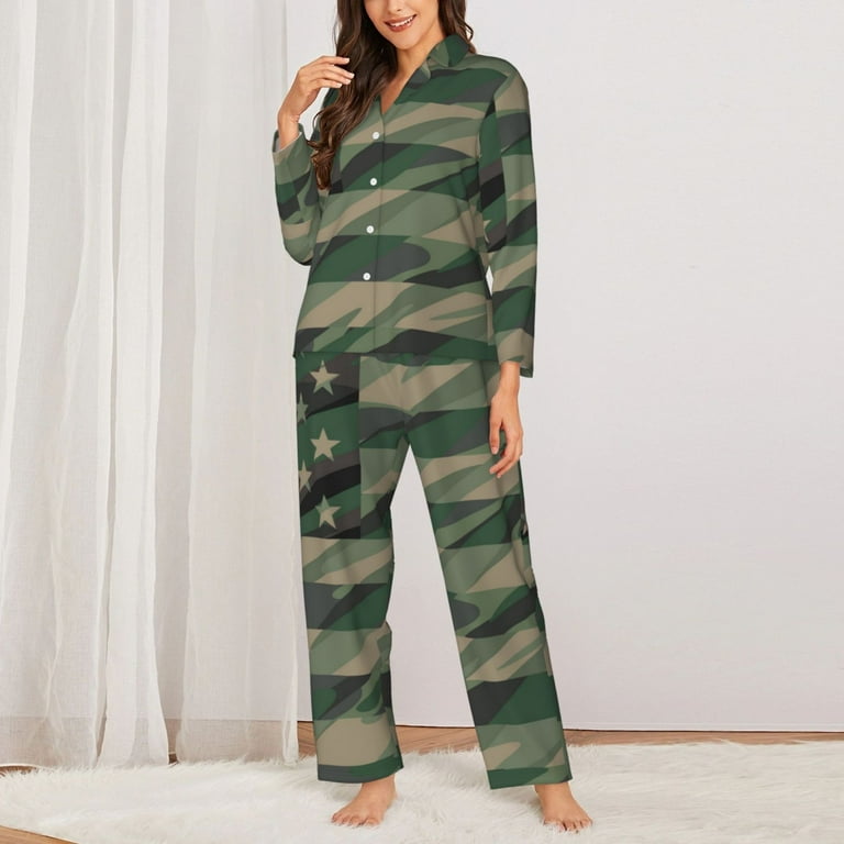 Military Camo Pjs Womens Hirioo Jungle Green Camo USA Flag For