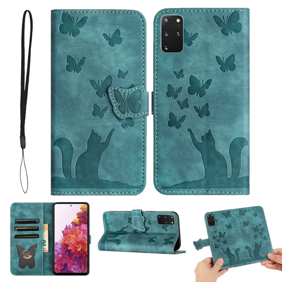 Butterfly Embossed Case for Samsung Galaxy S20 FE Slim Cat Patterned Leather Folio Cover Card Holder Kickstand, Cute Stylish Women Flip Case Magnetic Clasp Flip with Wrist Strap, Green