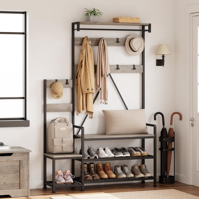 Hall Tree with Bench and Shoe Storage Parent-Child Coat Rack Shoe Bench Industrial Coat Tree Entryway Large Organizer with Shoe Rack, Storage Cubbies, Hooks, and Top Shelf