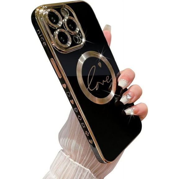Compatible with iPhone 14 Pro Max Magnetic Case 6.7 Inch, Cute Love Heart Pattern Plating Case, Compatible with MagSafe for Women Girls Shockproof Back Cover-Black