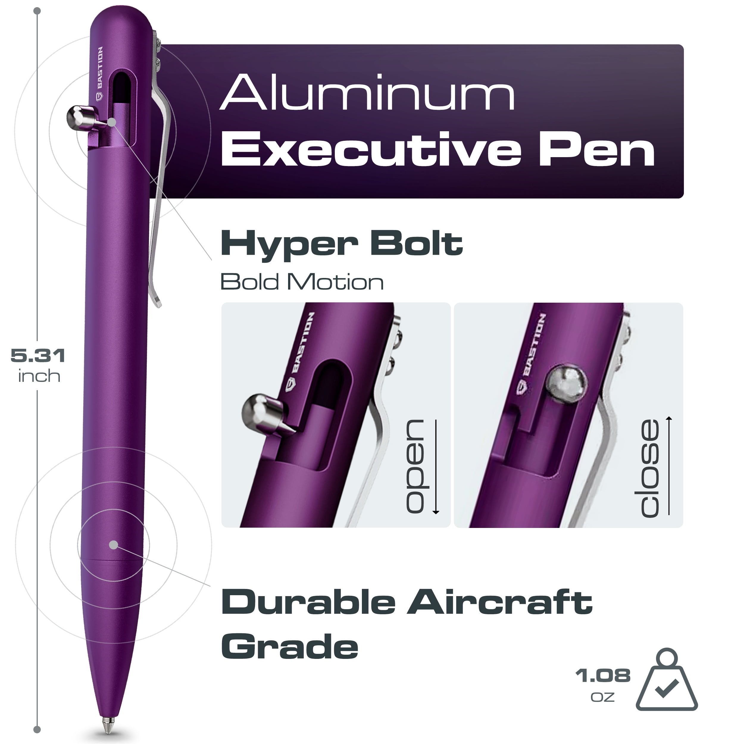 Bastion Aluminum Bolt Action Pen, Purple, Ballpoint Refillable, 1 Count