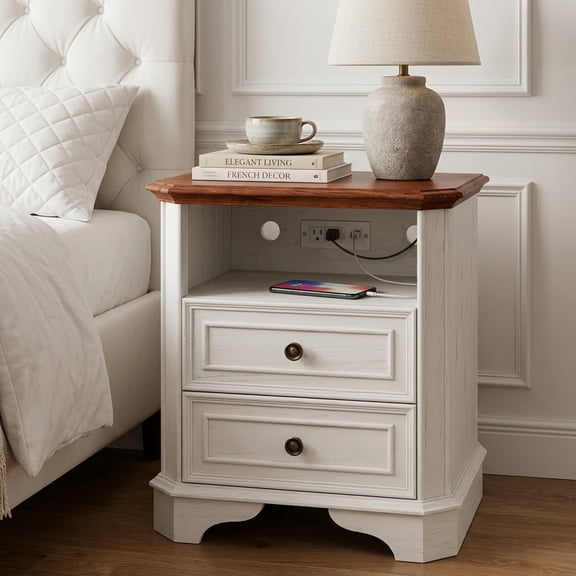 24" White Nightstand with Charging Station, Modern Farmhouse Bedside Table with 2 Drawers, Open Shelf, Outlets and USB Ports