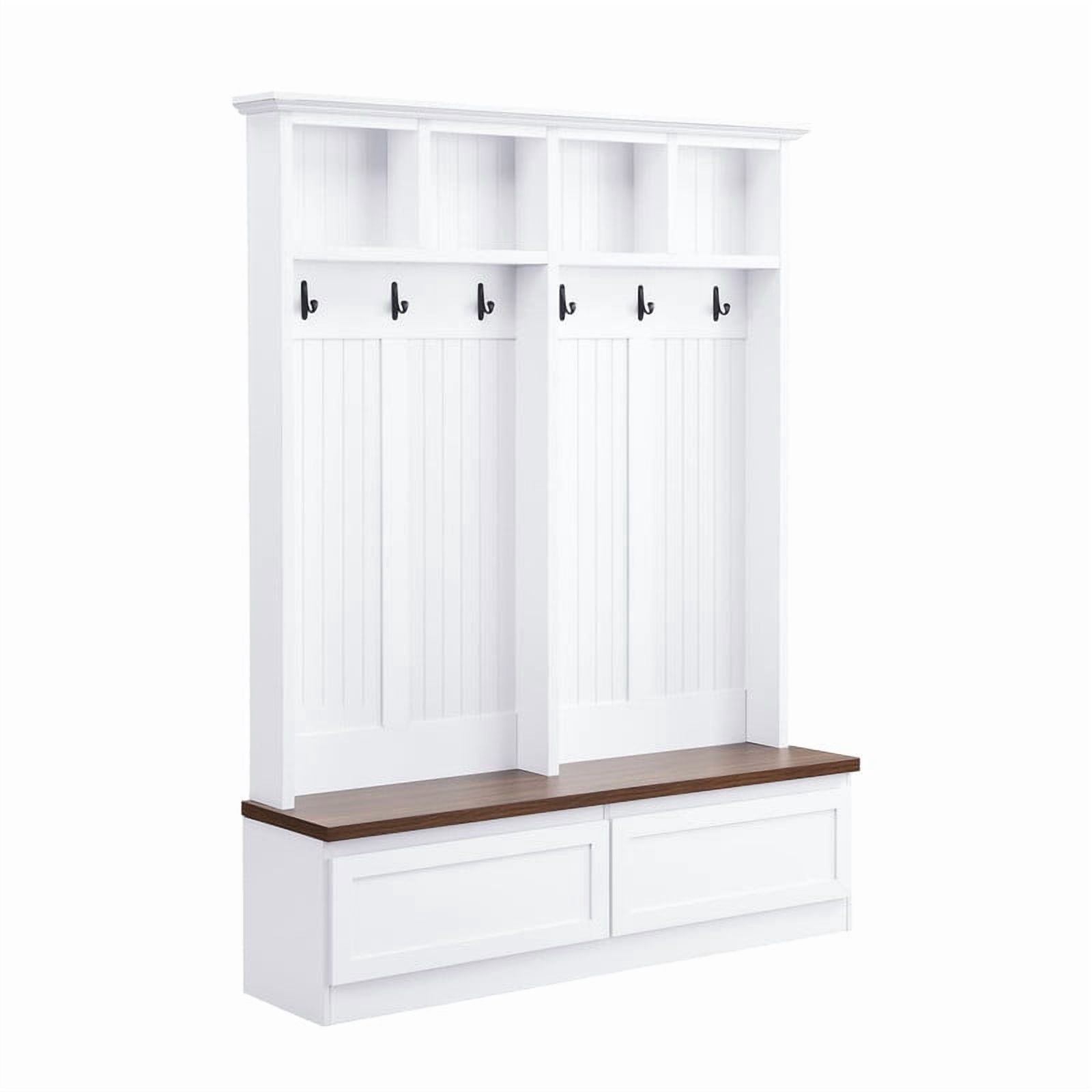 Farmhouse 4-in-1 Hall Tree with Storage Bench, Versatile Coat Rack with 2 Drawers, Entryway Organizer with 6 Hooks for Hallway, Living Room