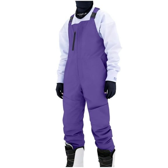 Men's Insulated Ski Bib Snow Pants Sleeveless Shoulder Strap Solid Long Pants Jumpsuit with Overalls for Outdoor Purple L