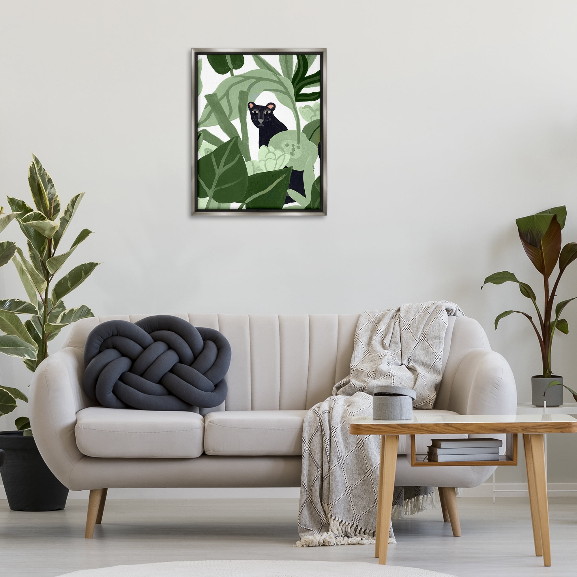 Stupell Industries Panther Peeking from Leaves Plants & Flowers Painting Gray Floater Framed Canvas Art Print Wall Art, 25 x 31