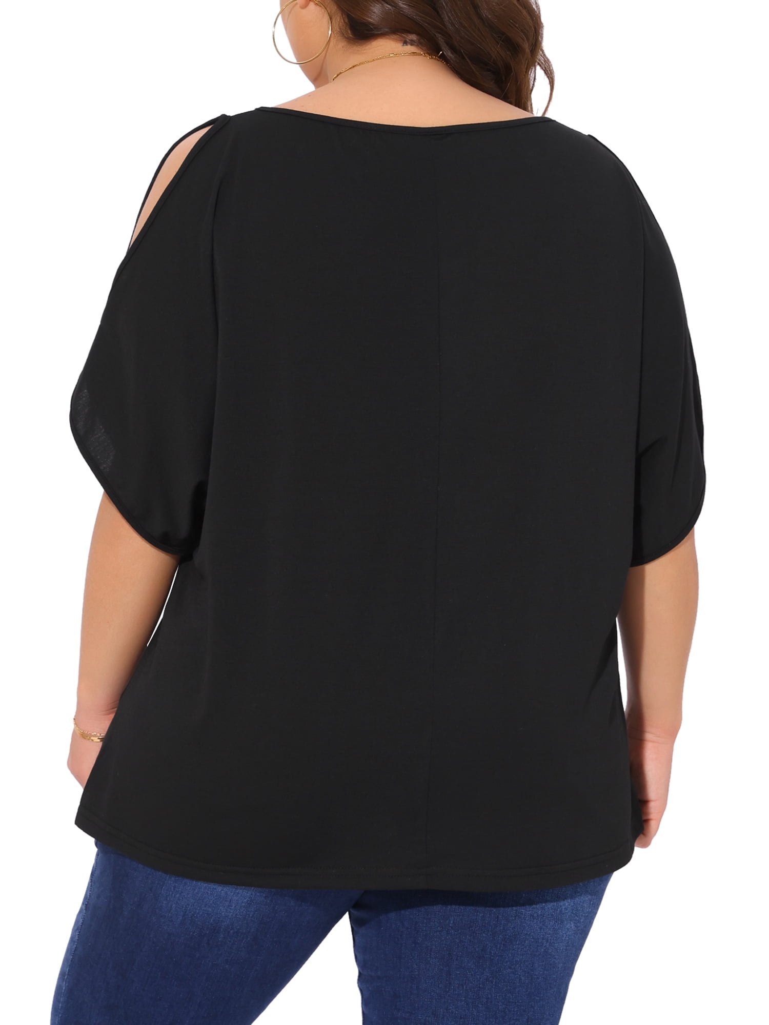 DARING DIVA Women's Plus Casual Crew Neck Cold Shoulder Summer Blouse 2X Black