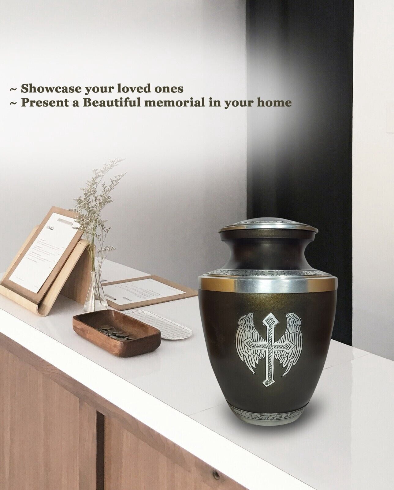 Angel Wing Cremation Urn Dark Green Engraved Funeral Jar Human Pet Ashes Large size urn with velvet bag