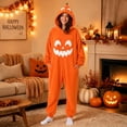 thumbnail image 2 of Adult Halloween Onesie Jack-O'-Lantern Pumpkin Graphic Long Sleeve Loose Fit Casual Loungewear Pajama Jumpsuit, 2 of 4