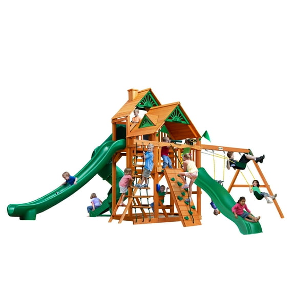 Gorilla Playsets Great Skye II Wooden Swing Set with 3 Slides, Rope Ladder, and 2 Wood Roofs