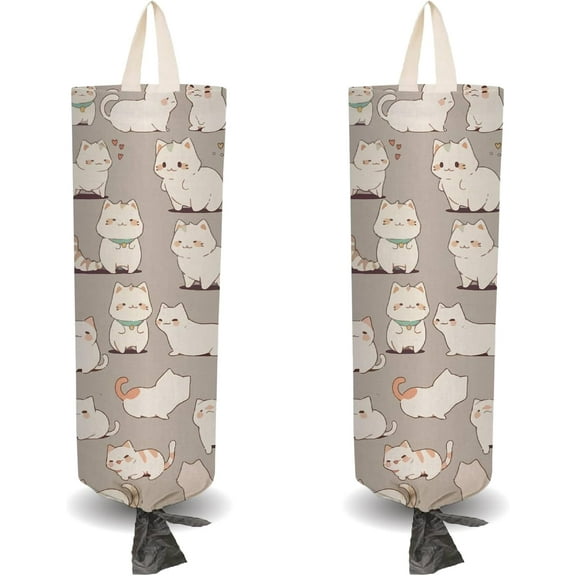 2Pcs Cloth Plastic Bag Holder Cat Theme 4 Adhesive Hook Grocery Pull Rope Free Adjustment Reusable Organizer Washable Wall Mount Hanging Storage Dispenser