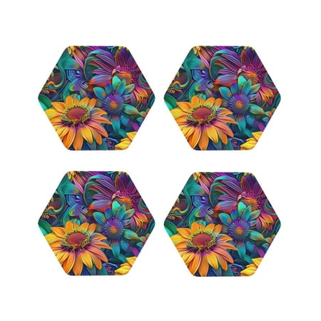 

Honeii Psychedelic Sunflowers Print Leather Coaster Set of 4 Ideal for Safeguarding Your Furniture from Drinks Spills and Effortless Cleanup-Hexagon