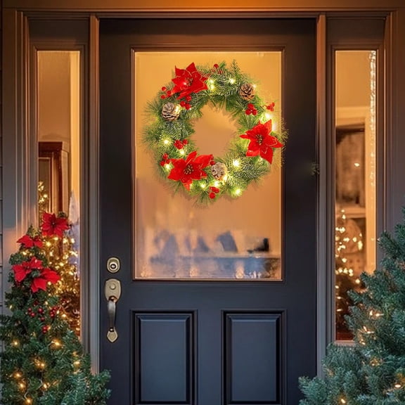 NWOKYZGH 11.8 Inch Light up Christmas Wreath, Outdoor Xmas Wreath with Red Artificial Poinsettia Flowers Pine Cones Berries for Door Wall Window Fireplace Home Holiday Decorations